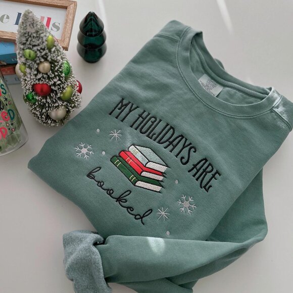 Christmas Embroidered Sweatshirt, All Booked For The Holidays - Picture 1 of 5
